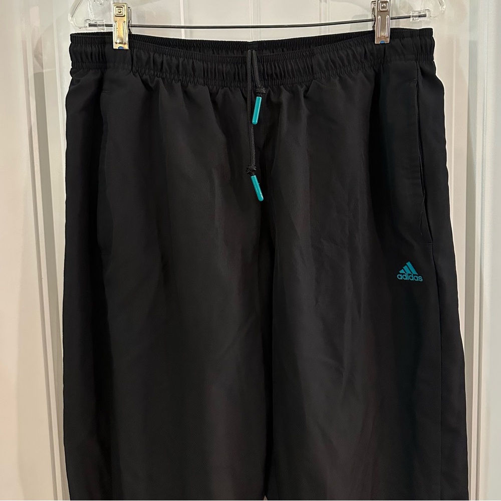 Adidas Womens Black Track Pants with Teal Stripes Large